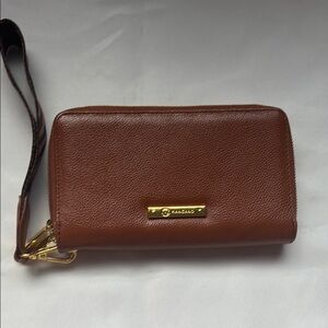 Joy Mangano Leather Double Wallet Wristlet Tan with Gold Accents EUC